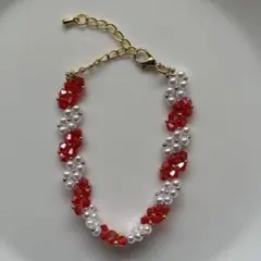 ハンドメイド ビーズブレスレット レッド系