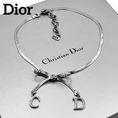 Dior ディオール リボン チョーカー ネックレス ロゴ CD シルバー 美品