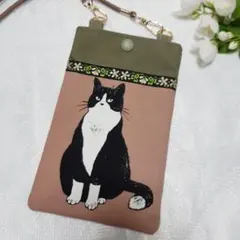 ❣️白黒猫さんくすみピンクポケット付きスマホショルダーバッグカーキ色ハンドメイド