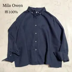 ミラオーウェン ゆったりフレンチリネン100%ボックスシルエットネイビーシャツ