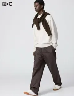 ユニクロC タックストレートパンツ／デニム 76 ダークブラウン