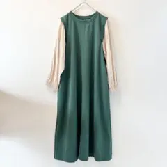 ラビアンジェ Laueange ワンピース ロング 長袖 切替 グリーン 3L