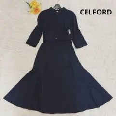 美品✨セルフォード 襟 ロングワンピース フレア ベルト セレモニー 比翼ボタン