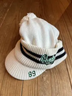 パーリーゲイツ つば付きニット帽 白×ネイビー ライン ボンボン付き