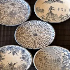 【未使用品】前畑陶器 庫山窯 【絵変わり染付】多用皿揃 楕円皿 中皿 5客
