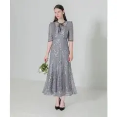 【LEJA】刺繍レース配色パイピングショルダーフリルマーメイドドレス