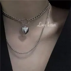 No.809 シルバーハート2連チェーンチョーカーネックレス 韓国 量産型 地雷