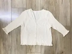 アイボリー リブ編み 七分袖 カーディガン 春 夏 フリル 前開き ボタン