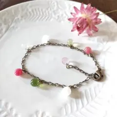 手作りまんまるガラスのつぶつぶブレスレット 珊瑚 ピンク 桜色 モスグリーン 白