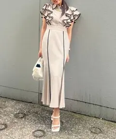rienda フリルスリーブバイカラーOP ワンピース ベージュ S