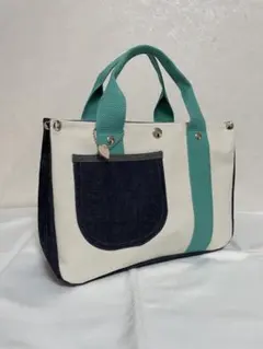ハンドメイドトートバック❣️ 持ち手デザイン　コロンバック　　生成り×ブルー系