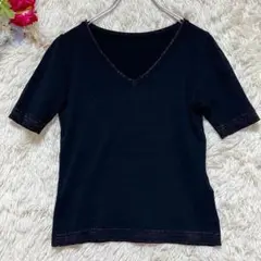 美品✨【ラガーフェルド】(38 M)半袖Vネックニット 無地 黒 通勤