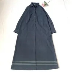 サニークラウズ シャツワンピース 裾ボーダー柄 コットン 胸ポケット 濃紺 長袖