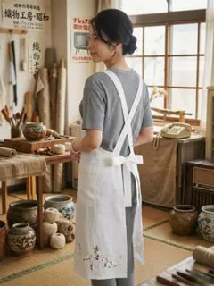 【昭和レトロ】 刺繍入りホワイトエプロン クロスバック ナチュラル カフェ風のサムネイル