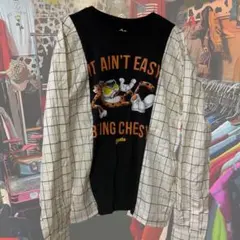 チートス　Tシャツ×チェックシャツ　長袖　企業Tシャツ　リメイク　オーバーサイズ