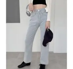 韓国風 ライトブルー ハイウエストストレートレッグデニム
