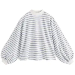 ボーダー柄モックネックボリュームスリーブロンT[fo1711] ブルー