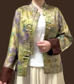 油絵のような花柄 ジャケット 羽織り 緑 紫 レトロ 和装 値下げ