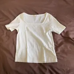 リブ編み ホワイト スクエアネック Tシャツ