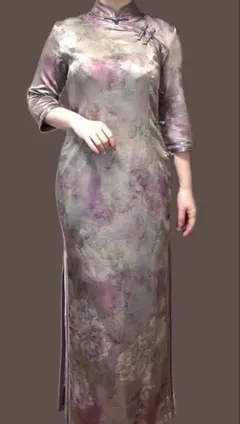 りんりん様専用ページ 薄紫と緑 花柄 チャイナドレス ジャカード 裏地付き