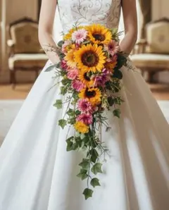 ひまわりのキャスケードブーケ　アーティフィシャルフラワー　造花　黄色ピンク