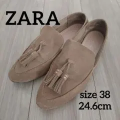 ZARA タッセル付き スエード フラットシューズ ブラウン 38 24.6cm