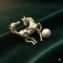 ブローチ　馬　ホース　ゴールド　パール　干支　アンティーク　【1235-580】