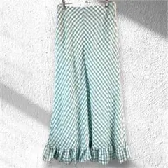 SLOBE citron フレアスカート 38 緑白チェック 裾フリル上品769のサムネイル