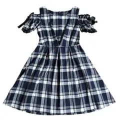 セシルマクビー　ネイビー系チェックオフショルダーミニワンピース