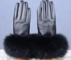 スマホ対応 ★ ラムレザーとフォックス が贅沢な手袋 黒 ファー毛皮★グローブ
