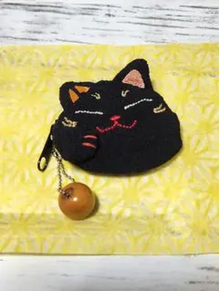 猫型 ミニコインケース ブラック ちりめん風　招喜屋