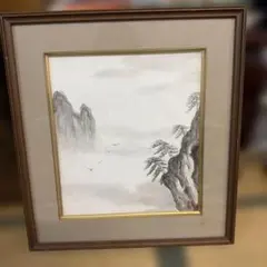 【真作】絵画　日本画　水辺の東屋と山景図　静寂の風景画　額装　山水図　C25 真作】絵画 日本画 水辺の東屋と山景図 静寂の風景画 額装 山水図 C25
