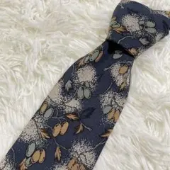 【美品】ネクタイ ネイビー 植物柄 総柄 シルク 9.0cmのサムネイル