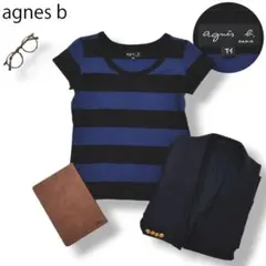 【美品】 アニエスベー Tシャツ クルーネック T1 ボーダー 黒 x 紺 ♪