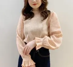 【美品】ビームスハート　ギンガムチェック　フリルブラウス　オレンジ