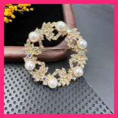 パール調 × ラインストーン リースブローチ ゴールド サークル 上品フォーマル