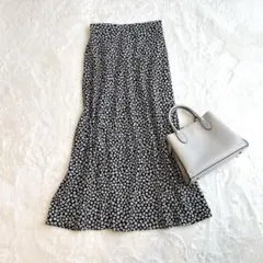 グローバルワーク 小花柄 総柄 ロングフレアスカート ブラック