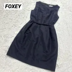 美品✨フォクシー 花刺繍ワンピース ウエストリボン シルク混 ネイビー 42