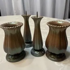 【真鍮製】仏具 花立て・燭台 4点セット 重厚感アンティーク調インテリア雑貨にも