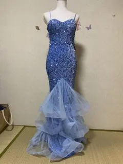 スパンコール マーメイド ロングドレス ライトブルー