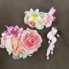ピンク　髪飾り　ヘアアクセサリー　3点セット　ウェディング 結婚式 成人式　花
