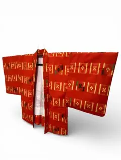 羽織 幾何学模様 赤 オレンジ 着物 袷 和洋折衷コーデ ウール 絣柄