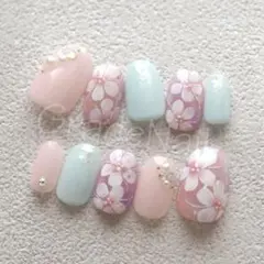 No.1196 現品販売！ネイルチップ　フラワー/ピンク/ブルー