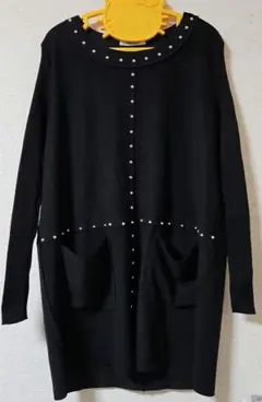 スタッズ付きチュニックワンピース　黒 スエード調 袖リブ　M～L