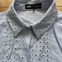 ZARA 刺繍入り 長袖シャツ ライトブルー Sサイズ