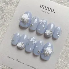 【現品】ネイルチップ/韓国/量産型/ワンホンネイル/ブルー/リボン/薔薇