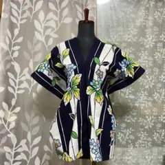 유카타 리메이크 유카타 패브릭 브이넥 카프탄 블라우스 네이비 블루 라이트 블루 퍼플 플라워 화이트 스트라이프 53
