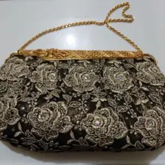 ビーズ刺繍 ブラック系 パーティークラッチ バッグ 1回使用