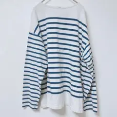 coen ストライプ 長袖Tシャツ ボートネック　カットソー　白／青　メンズ　M