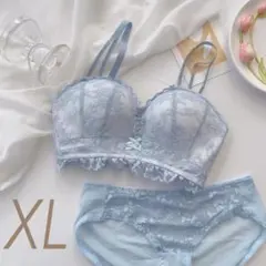 031ブルーXL　ノンワイヤー　ブラジャーショーツセット　盛りブラ　楽ブラ　脇高